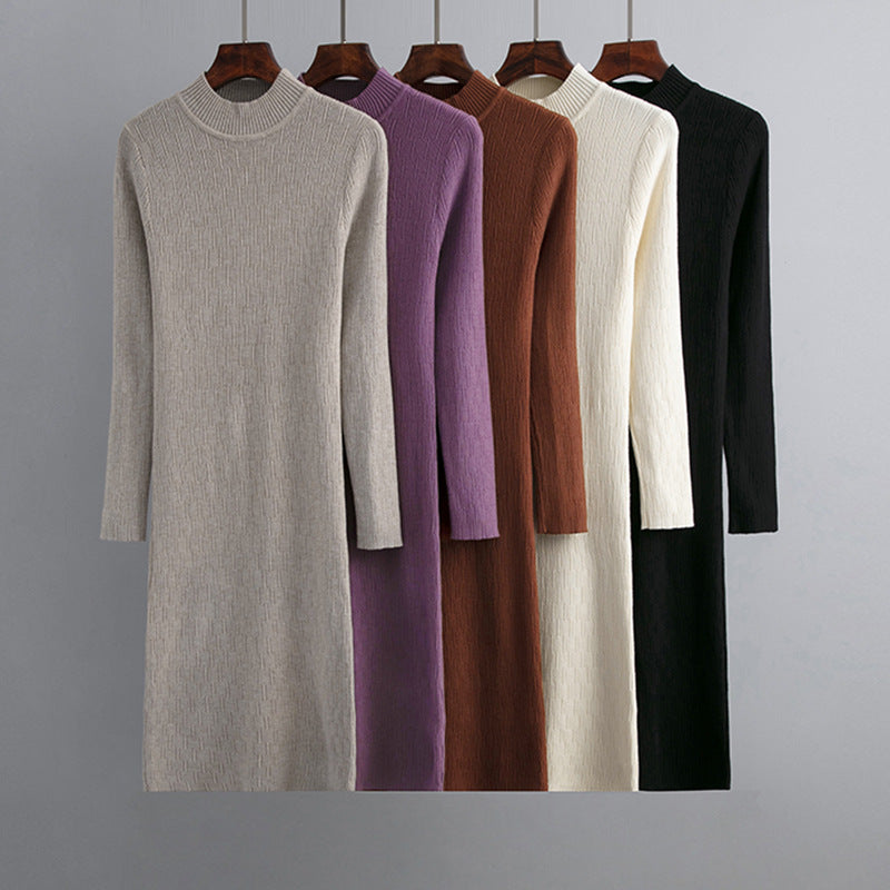 Sheath Half High Collar Inner Match Knitted Dress Women Fall Winter Outer Wear Thin over the Knee Mid Length Sweater Trendy