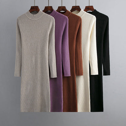 Sheath Half High Collar Inner Match Knitted Dress Women Fall Winter Outer Wear Thin over the Knee Mid Length Sweater Trendy