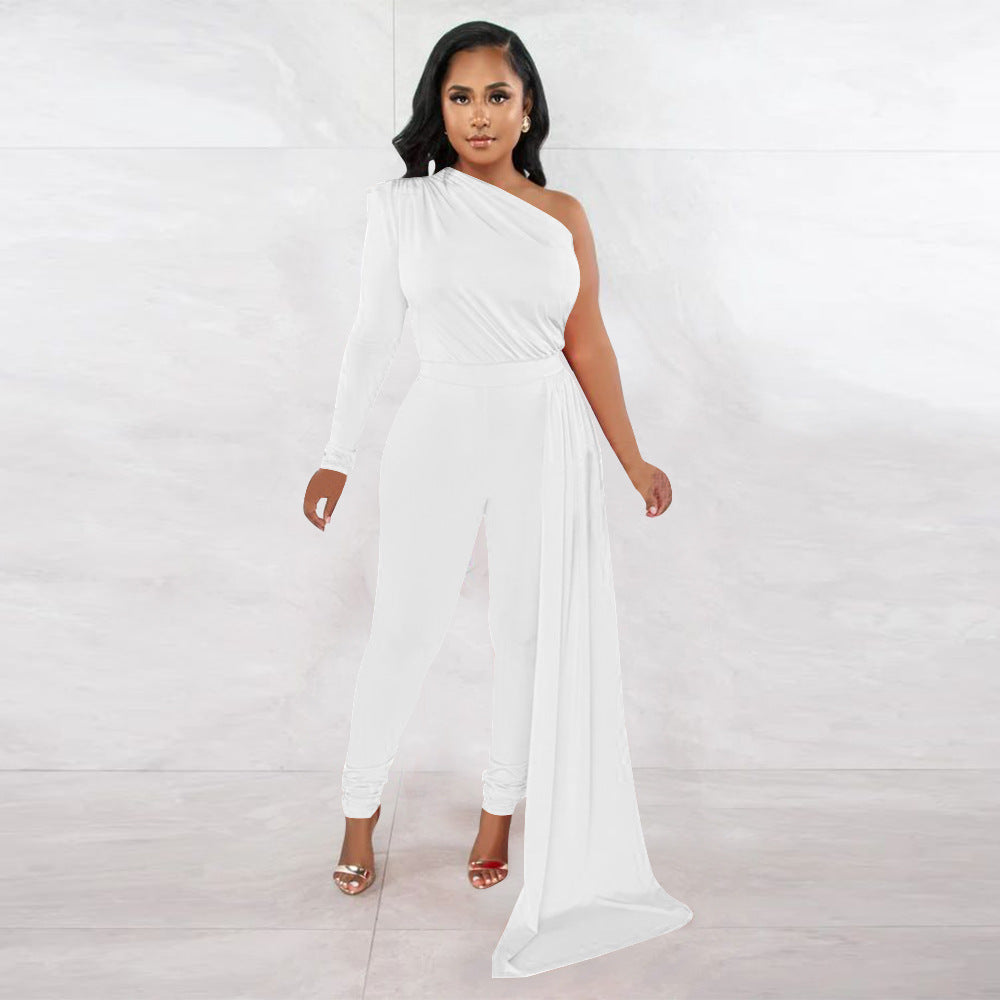 Women Autumn Pleated Shoulder Solid Color Tight Jumpsuit Women