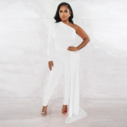 Women Autumn Pleated Shoulder Solid Color Tight Jumpsuit Women