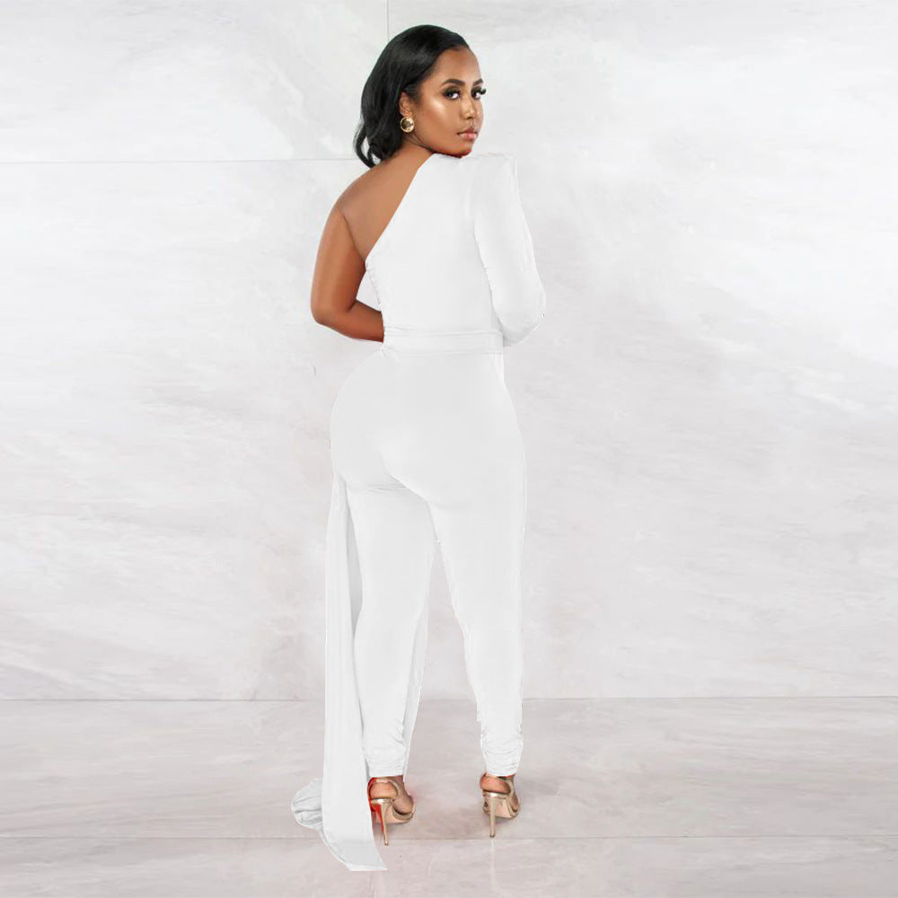 Women Autumn Pleated Shoulder Solid Color Tight Jumpsuit Women