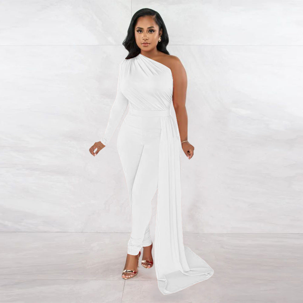 Women Autumn Pleated Shoulder Solid Color Tight Jumpsuit Women