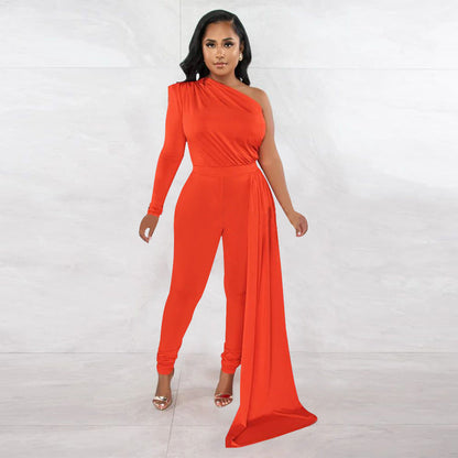 Women Autumn Pleated Shoulder Solid Color Tight Jumpsuit Women