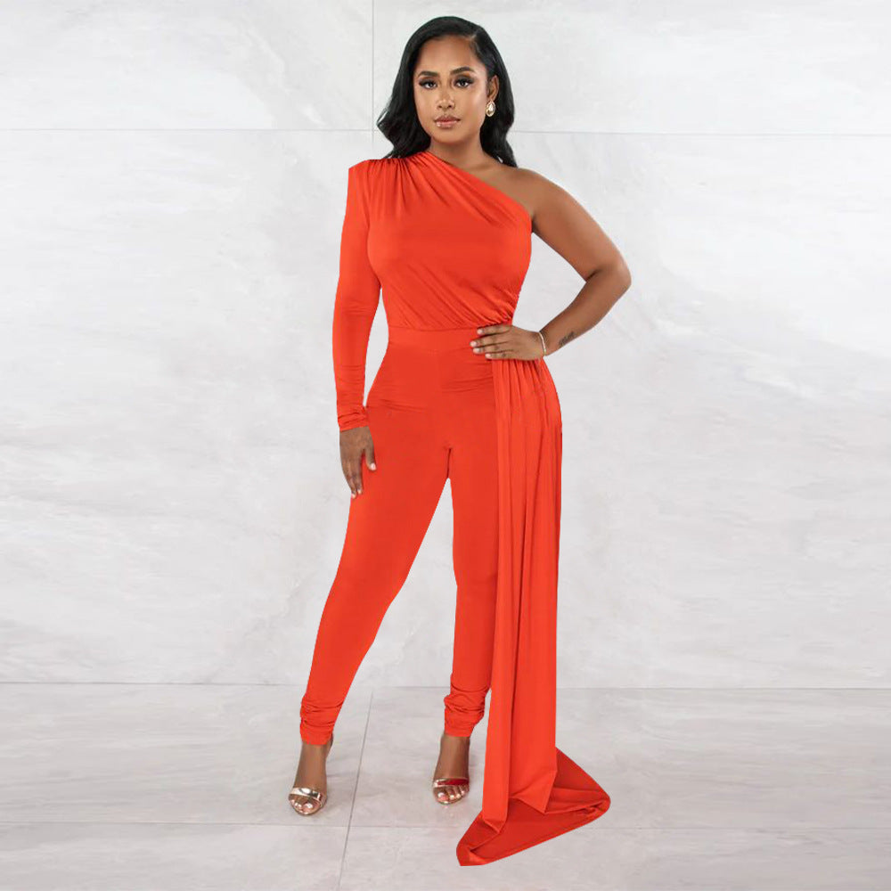 Women Autumn Pleated Shoulder Solid Color Tight Jumpsuit Women