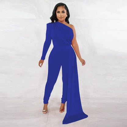 Women Autumn Pleated Shoulder Solid Color Tight Jumpsuit Women
