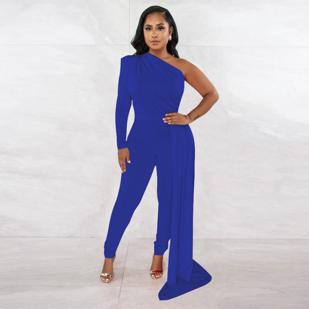 Women Autumn Pleated Shoulder Solid Color Tight Jumpsuit Women
