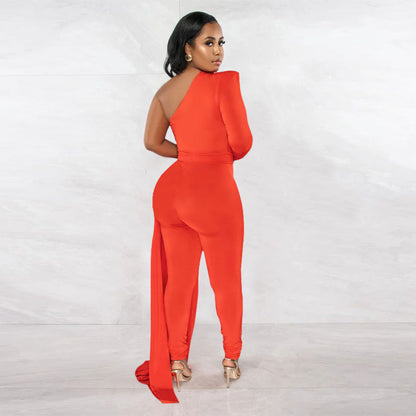 Women Autumn Pleated Shoulder Solid Color Tight Jumpsuit Women
