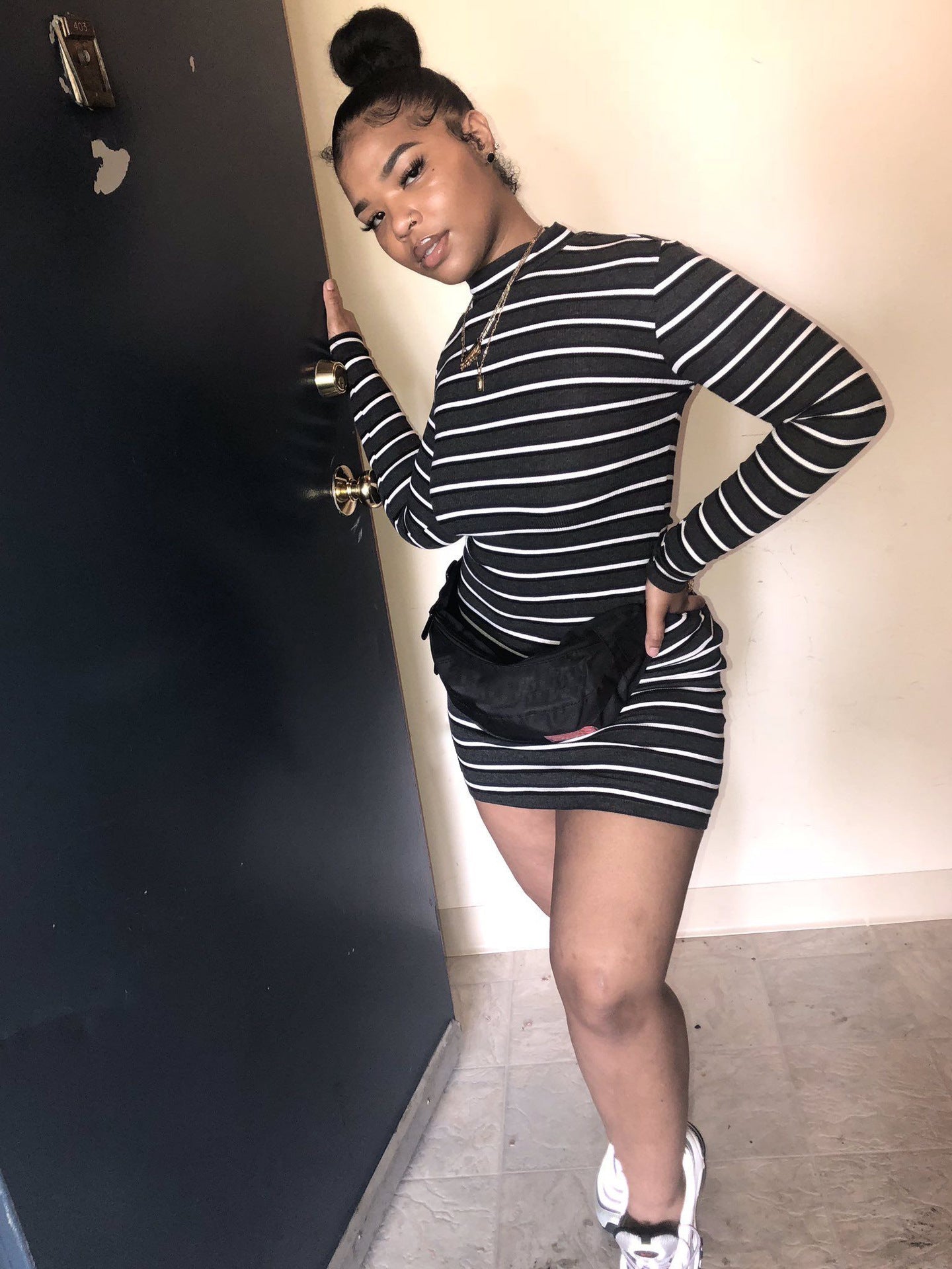 Women Clothing Striped Long Sleeve Short Dress