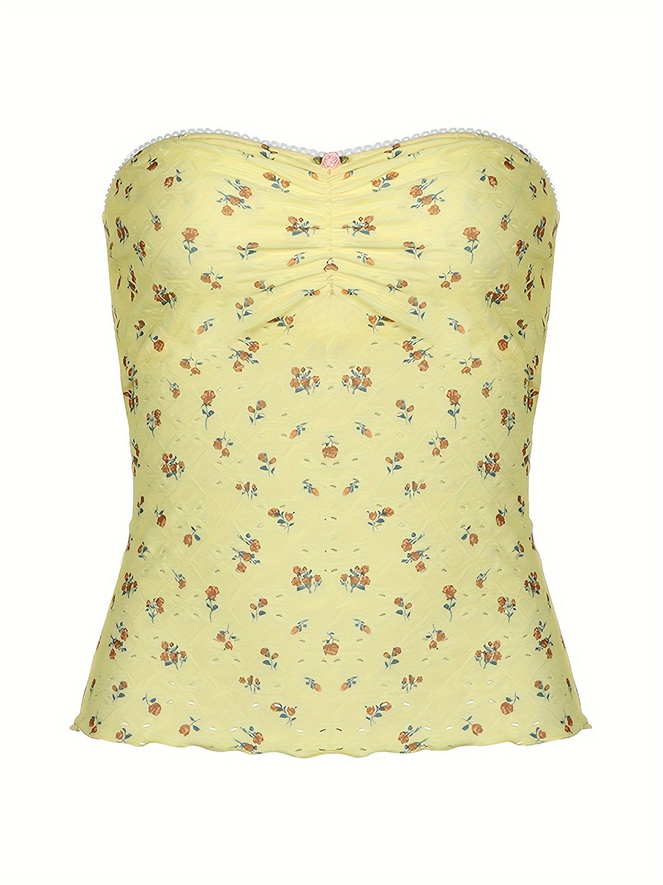 Floral Pattern Eyelet Tube Top, Y2K Ruched Strapless Slim Top For & Summer, Clothing