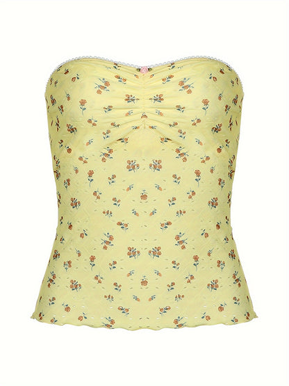 Floral Pattern Eyelet Tube Top, Y2K Ruched Strapless Slim Top For & Summer, Clothing