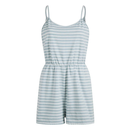 Casual Cotton Striped Spaghetti Straps Jumpsuit Shorts