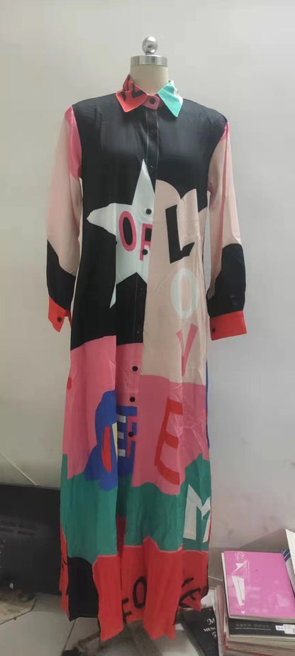 New Fashion Long Sleeve Printed Shirt Long Dress Positioning Flower