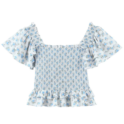 Early Spring Women Clothing Elastic Smocking Slim Square Collar Two Piece Skirt Sets