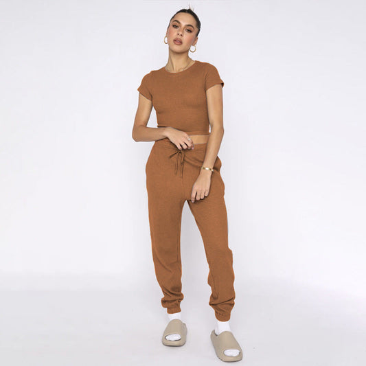 Spring Summer Solid Color Waffle round Neck Short Sleeve Women Clothing Casual Trousers Sets