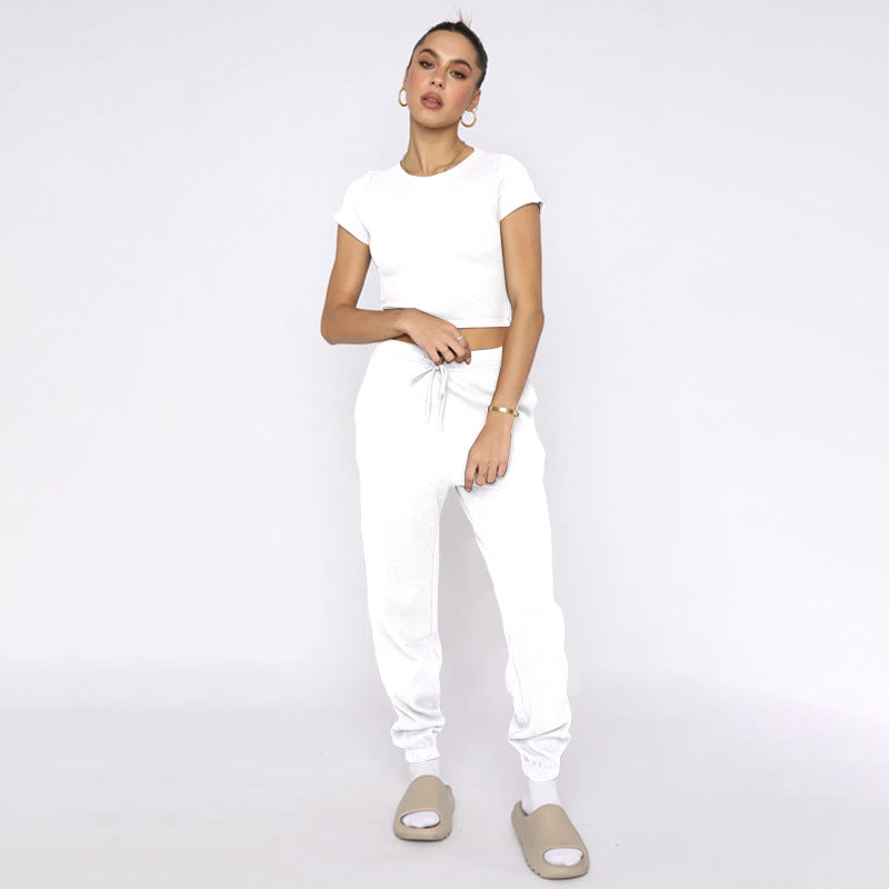 Spring Summer Solid Color Waffle round Neck Short Sleeve Women Clothing Casual Trousers Sets