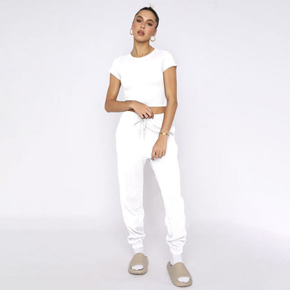 Spring Summer Solid Color Waffle round Neck Short Sleeve Women Clothing Casual Trousers Sets