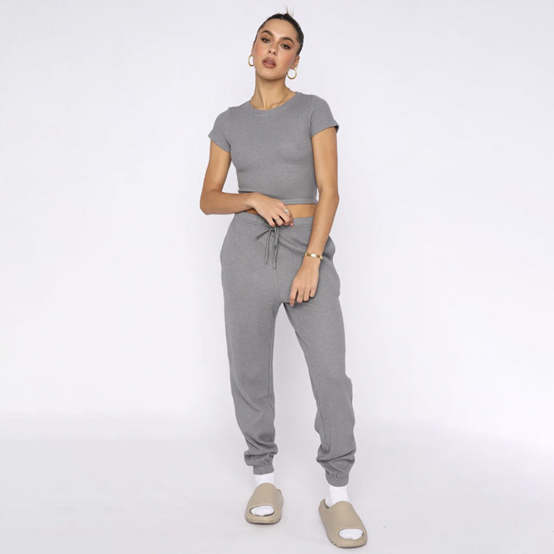 Spring Summer Solid Color Waffle round Neck Short Sleeve Women Clothing Casual Trousers Sets