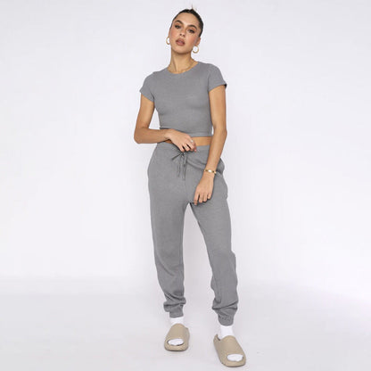 Spring Summer Solid Color Waffle round Neck Short Sleeve Women Clothing Casual Trousers Sets