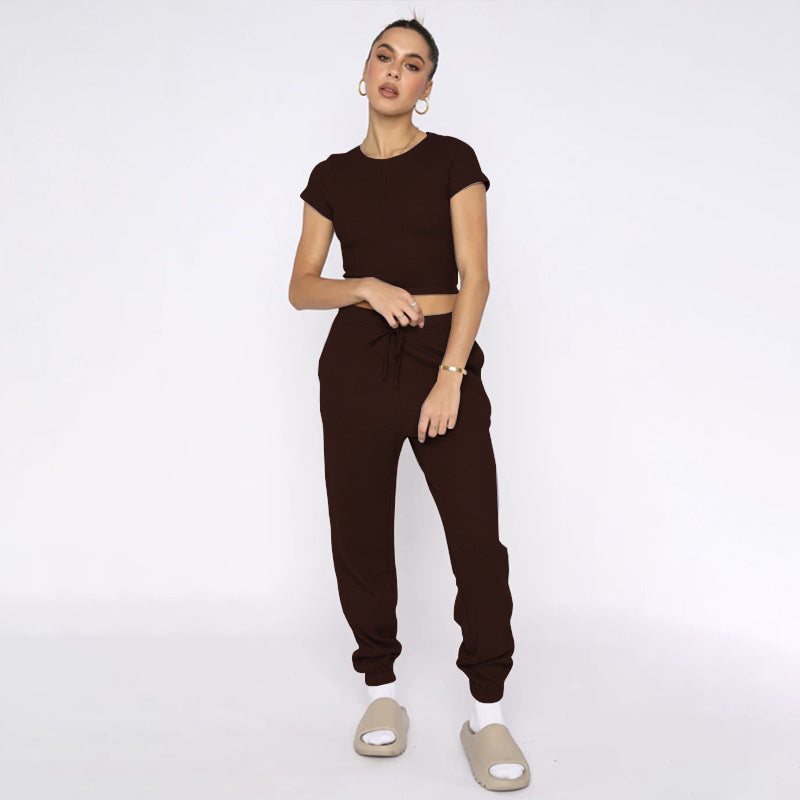Spring Summer Solid Color Waffle round Neck Short Sleeve Women Clothing Casual Trousers Sets