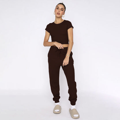 Spring Summer Solid Color Waffle round Neck Short Sleeve Women Clothing Casual Trousers Sets