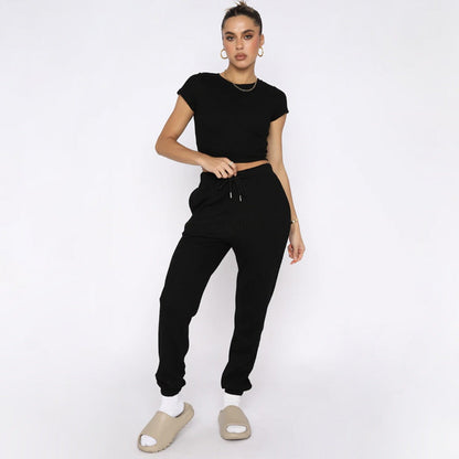 Spring Summer Solid Color Waffle round Neck Short Sleeve Women Clothing Casual Trousers Sets