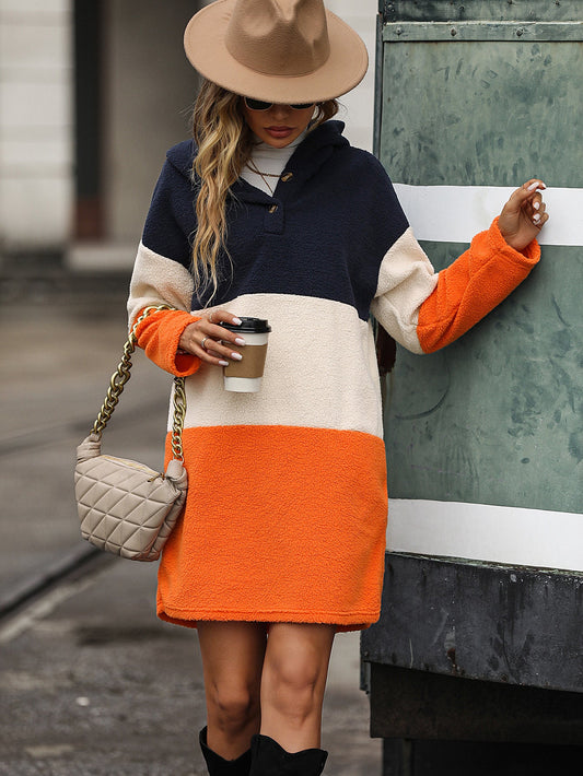 Autumn Winter Women Long Sleeve Hooded Color Matching Bubble Velvet Casual Long Sweater