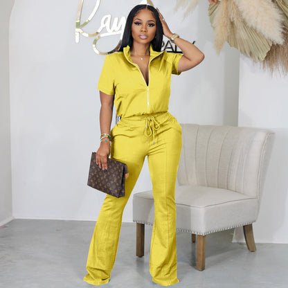 Women Clothing Spring Summer Short Sleeve Zipper Top Suit Pants Casual Two Piece Suit