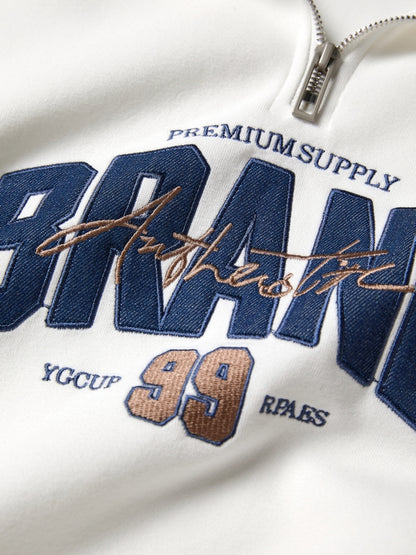 Denim Splice Letter Print Lapel Neck Oversized Hoodie