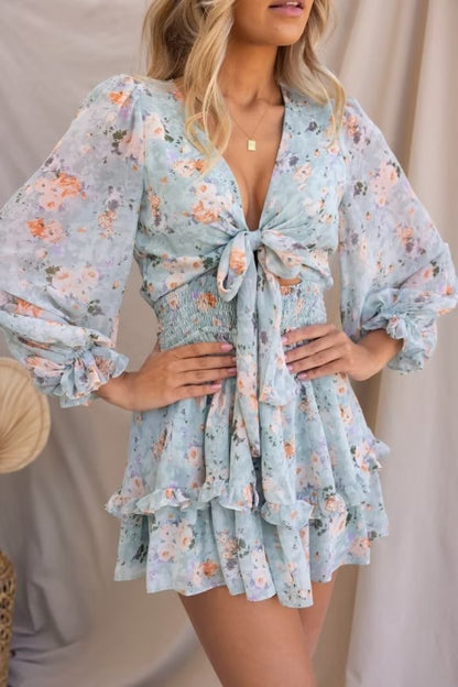 Winter Bow Tied Elastic Waist Laminated Ruffled Printed Dress