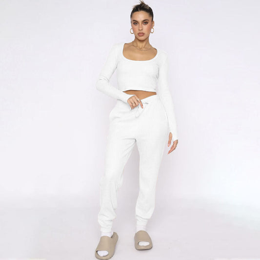 Autumn Winter U Collar Pullover Long Sleeved Women Two Piece Suit Casual Trousers