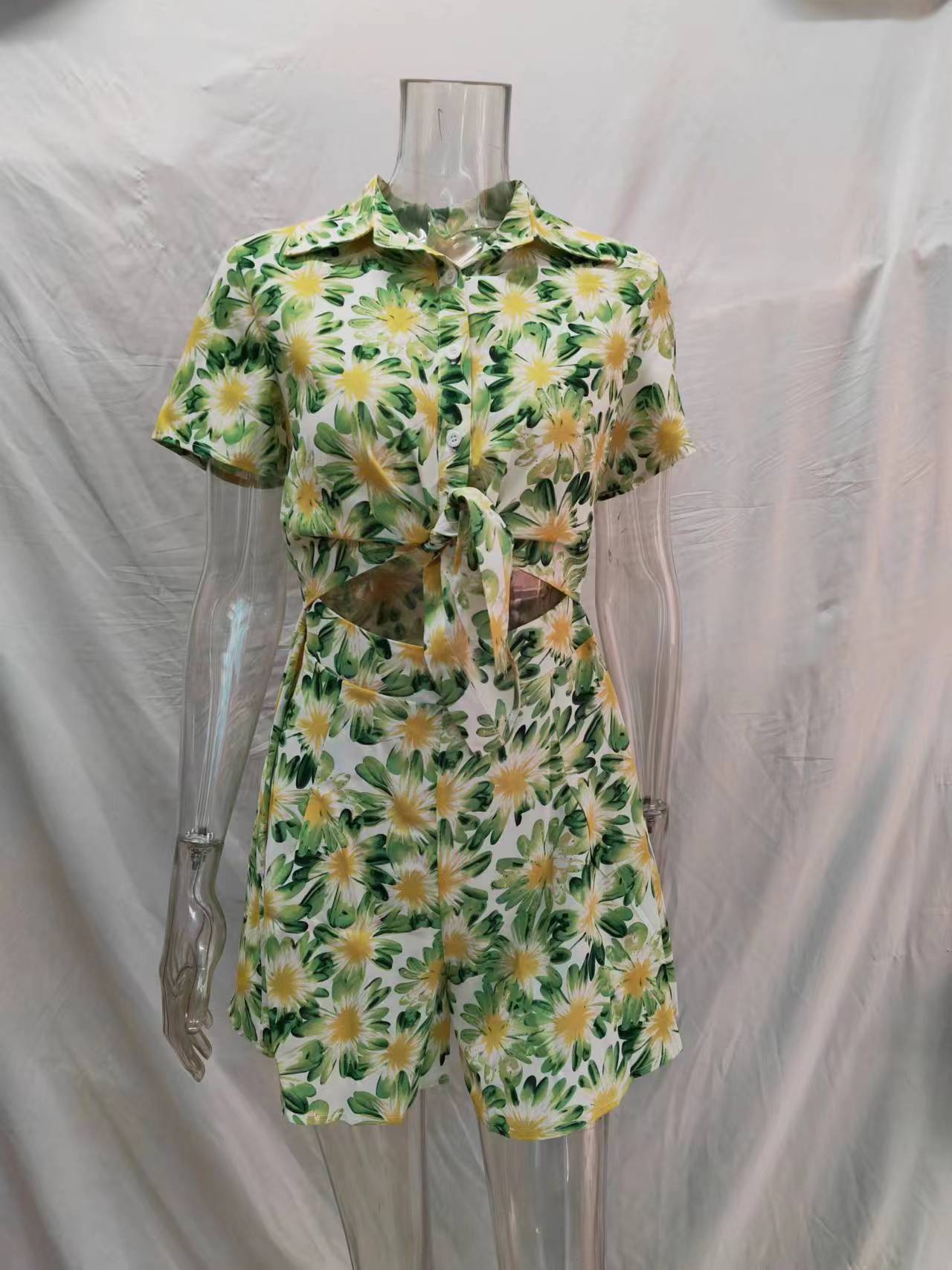 Women Summer Vacation Floral Short Sleeve Tie Rompers
