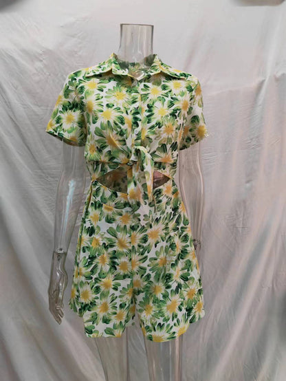 Women Summer Vacation Floral Short Sleeve Tie Rompers