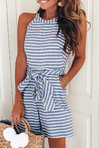 Jumpsuit Striped Strapless round Neck Zipper Casual Pants Summer