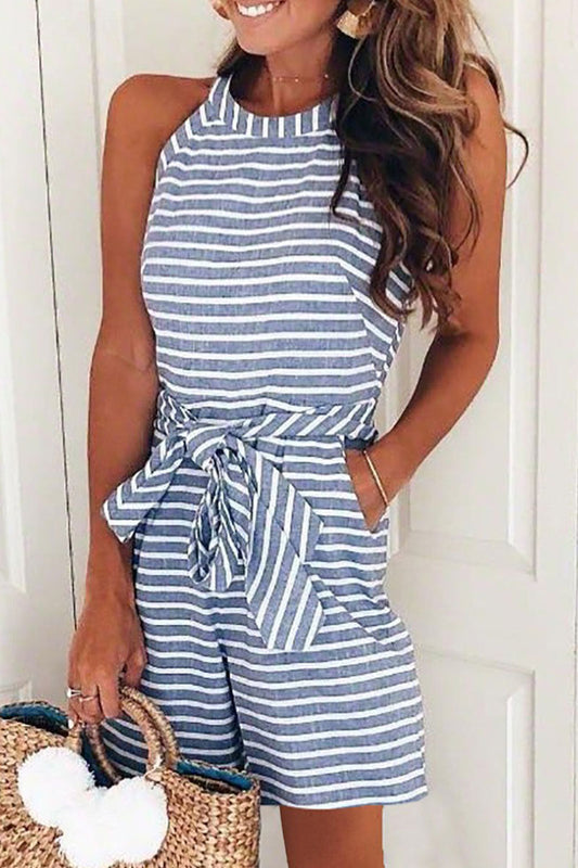 Jumpsuit Striped Strapless round Neck Zipper Casual Pants Summer