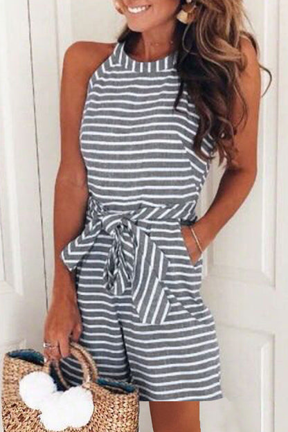 Jumpsuit Striped Strapless round Neck Zipper Casual Pants Summer