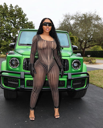 Women Clothing Square Collar Positioning Printing Nightclub Sheer Mesh Sexy Jumpsuit