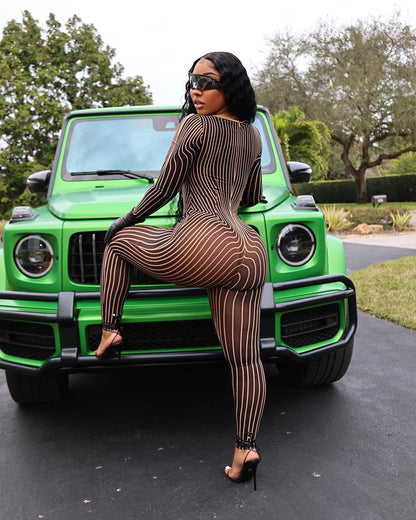 Women Clothing Square Collar Positioning Printing Nightclub Sheer Mesh Sexy Jumpsuit