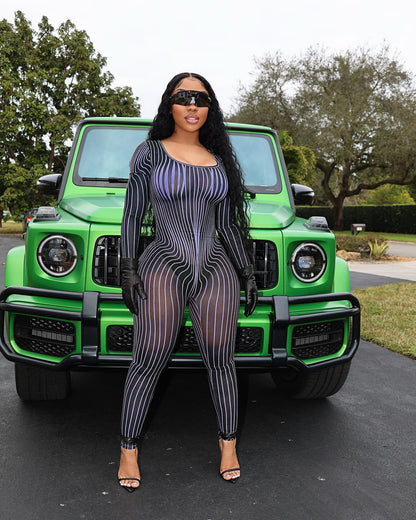 Women Clothing Square Collar Positioning Printing Nightclub Sheer Mesh Sexy Jumpsuit