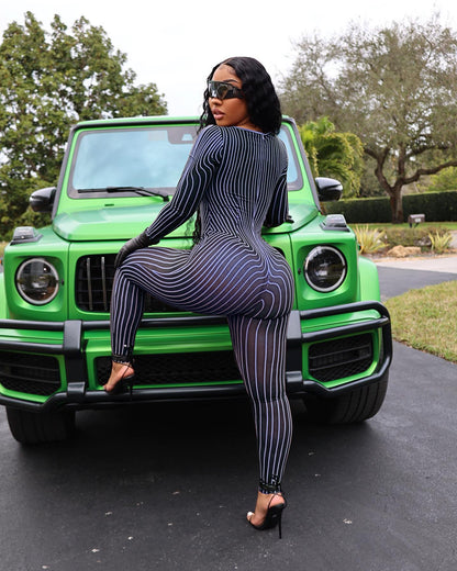 Women Clothing Square Collar Positioning Printing Nightclub Sheer Mesh Sexy Jumpsuit