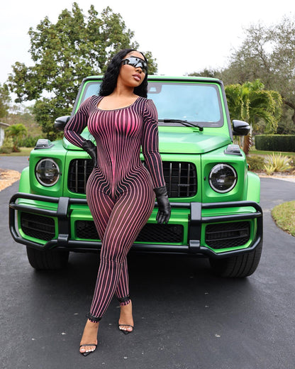 Women Clothing Square Collar Positioning Printing Nightclub Sheer Mesh Sexy Jumpsuit