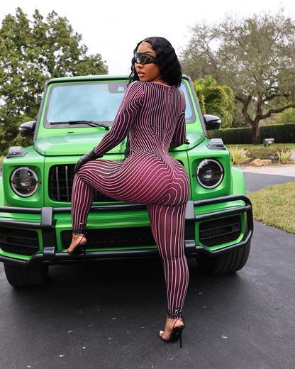 Women Clothing Square Collar Positioning Printing Nightclub Sheer Mesh Sexy Jumpsuit