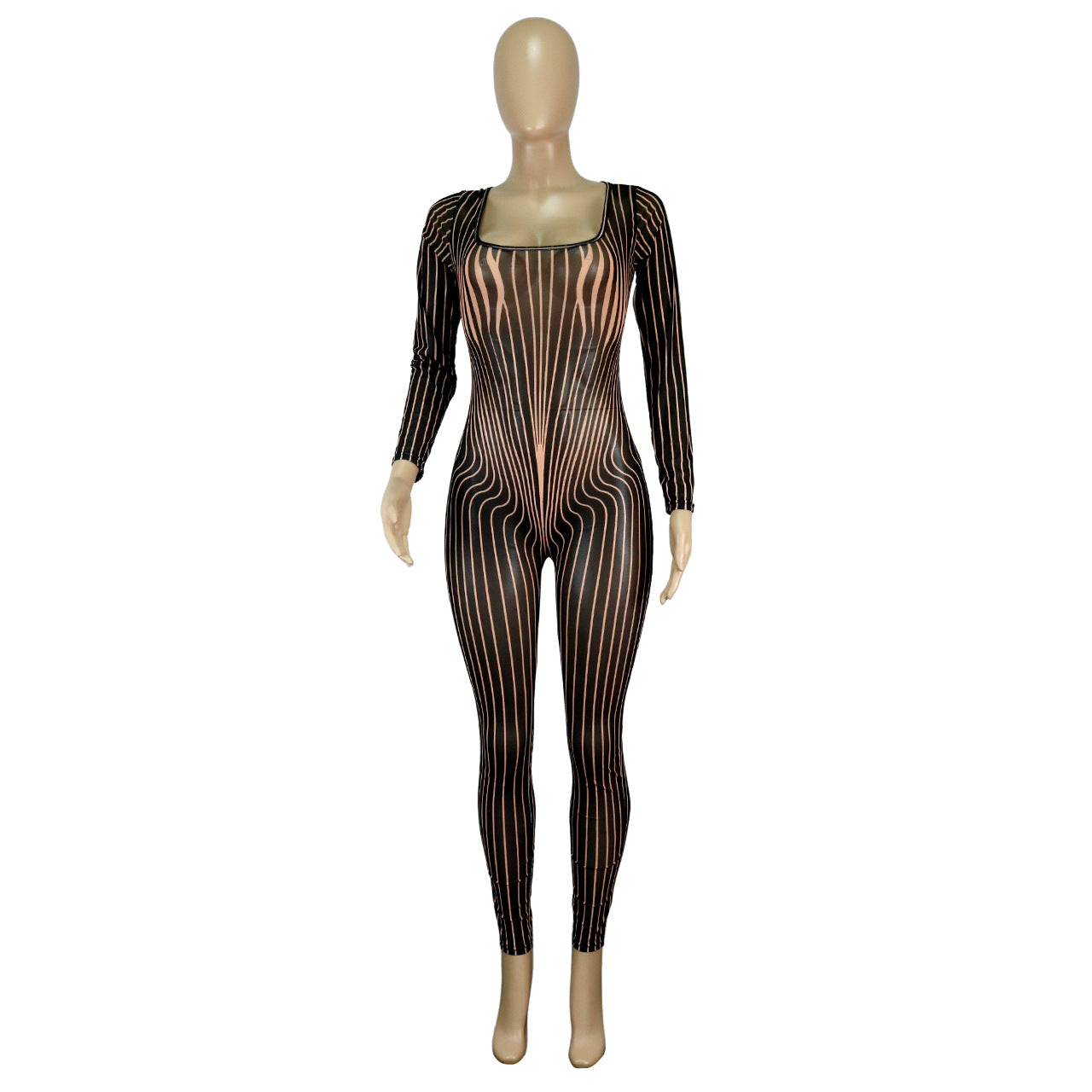 Women Clothing Square Collar Positioning Printing Nightclub Sheer Mesh Sexy Jumpsuit