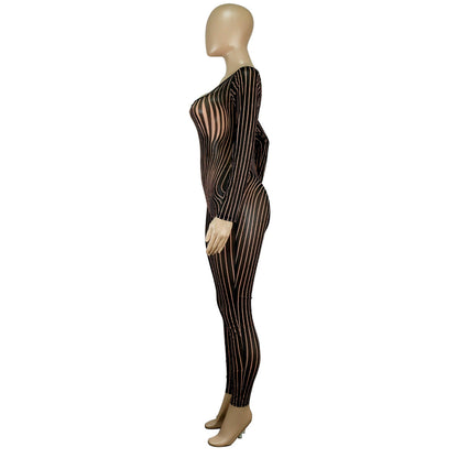 Women Clothing Square Collar Positioning Printing Nightclub Sheer Mesh Sexy Jumpsuit