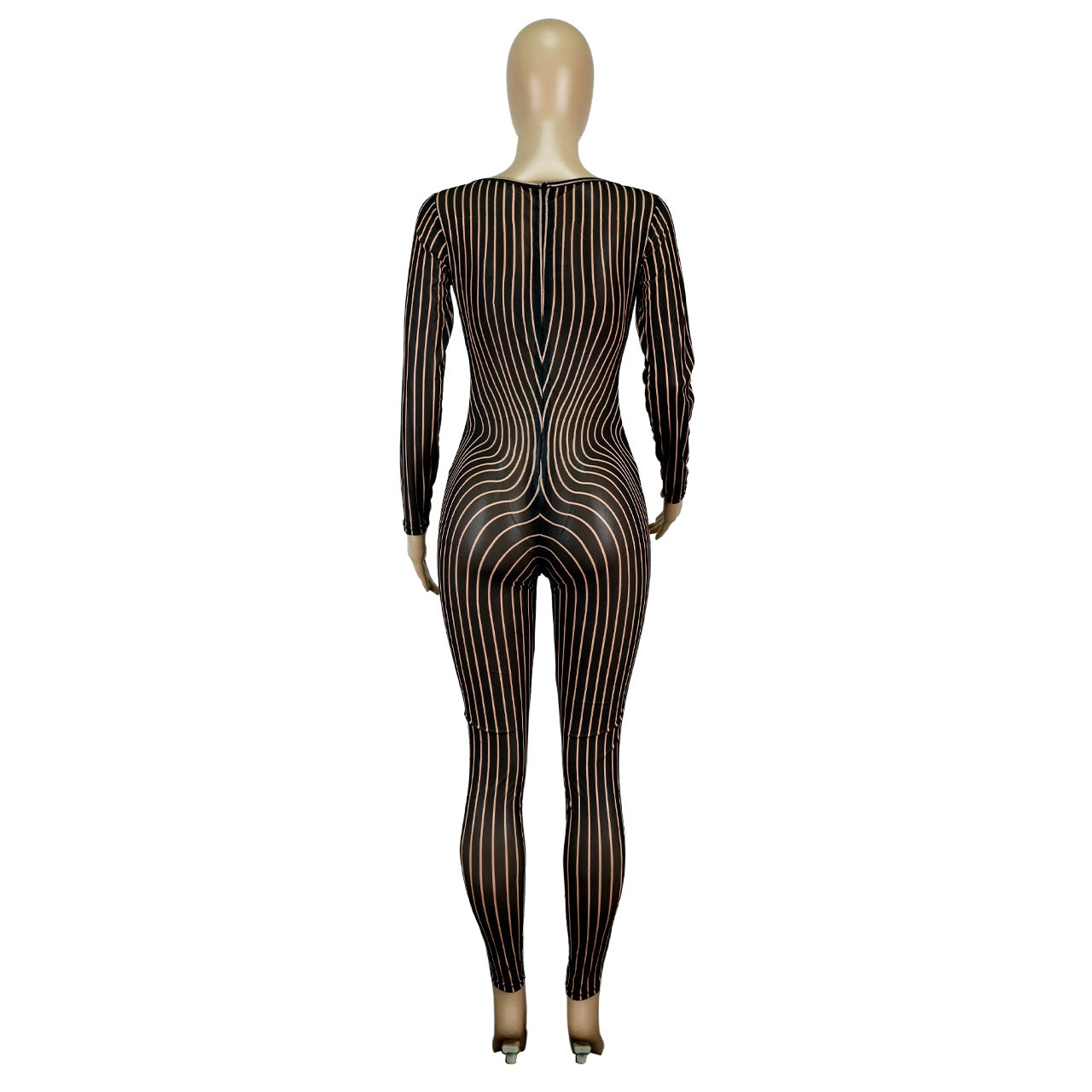 Women Clothing Square Collar Positioning Printing Nightclub Sheer Mesh Sexy Jumpsuit