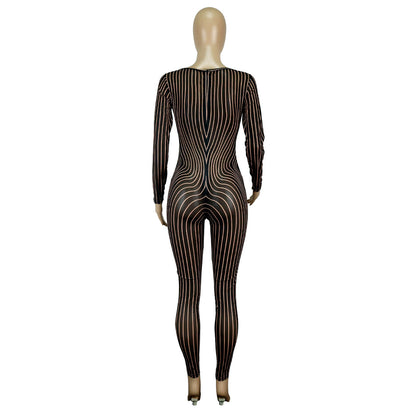 Women Clothing Square Collar Positioning Printing Nightclub Sheer Mesh Sexy Jumpsuit