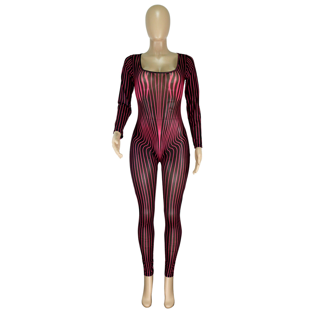 Women Clothing Square Collar Positioning Printing Nightclub Sheer Mesh Sexy Jumpsuit