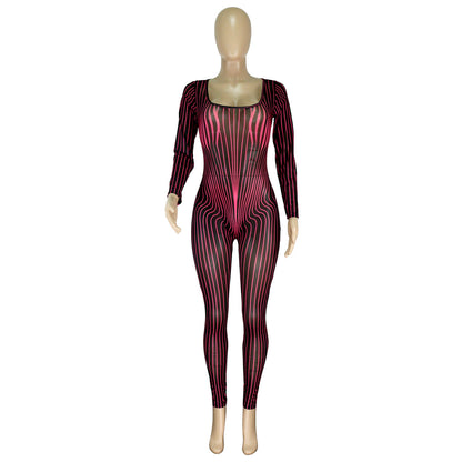 Women Clothing Square Collar Positioning Printing Nightclub Sheer Mesh Sexy Jumpsuit