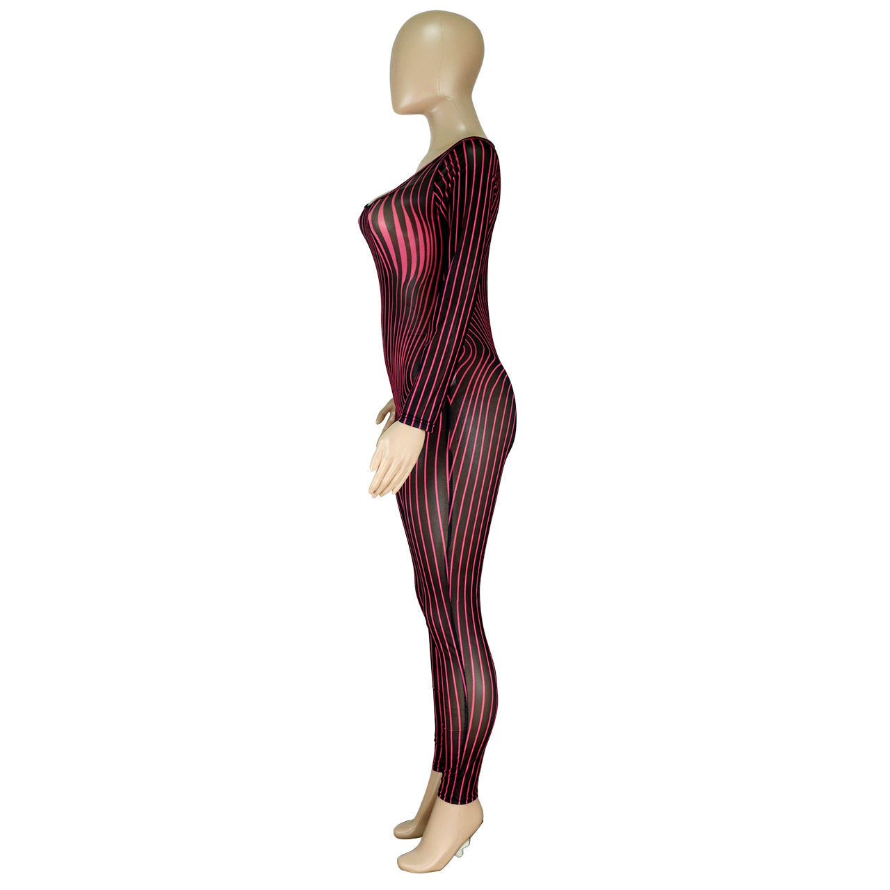 Women Clothing Square Collar Positioning Printing Nightclub Sheer Mesh Sexy Jumpsuit