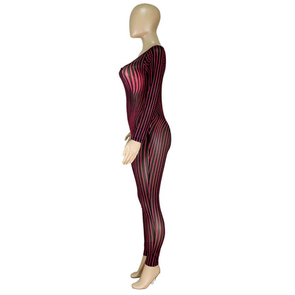 Women Clothing Square Collar Positioning Printing Nightclub Sheer Mesh Sexy Jumpsuit