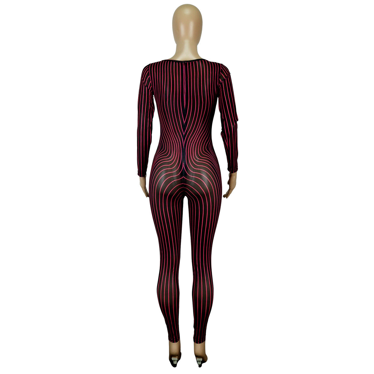 Women Clothing Square Collar Positioning Printing Nightclub Sheer Mesh Sexy Jumpsuit
